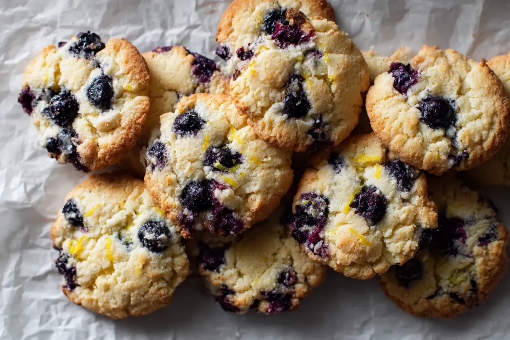 Overhead photo of homemade blueberry lemon cookies with chewy texture and golden brown edges on parchment