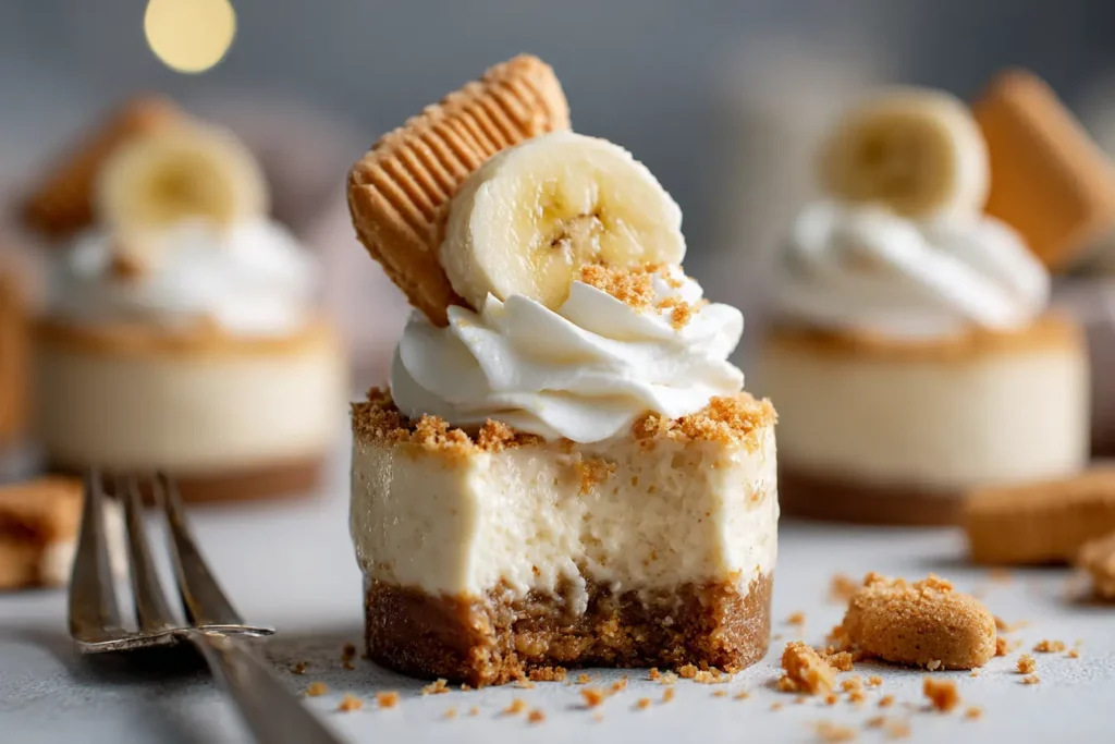 Ultra-realistic close-up of a banana pudding cheesecake bite with whipped cream, Nilla wafer, and banana slice on a white surface with crumbs.