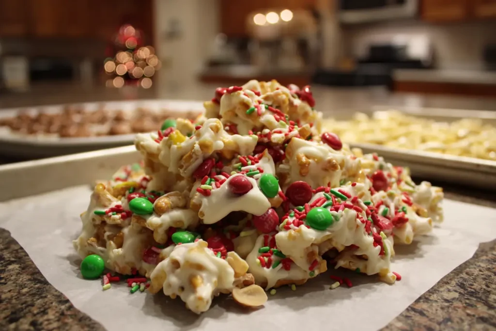 Messy white chocolate pretzel clusters with colorful candy toppings and holiday sprinkles on parchment paper