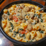 A bowl of creamy parmesan Italian sausage ditalini soup topped with fresh parmesan and herbs