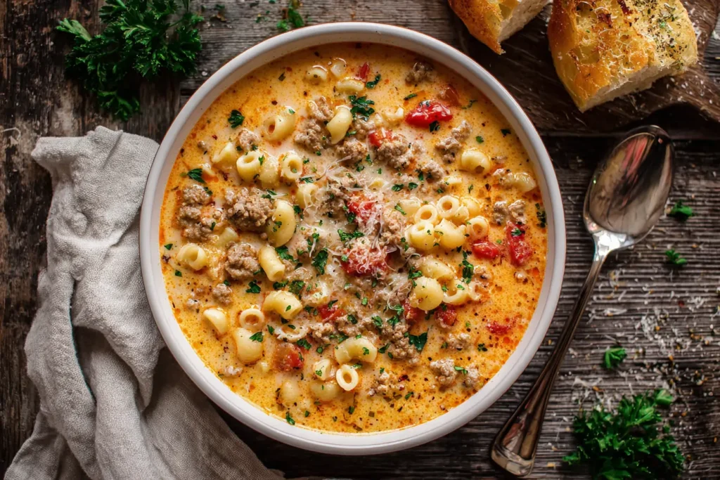 Overhead view of a bowl of creamy parmesan Italian sausage ditalini soup with garlic bread on a rustic table