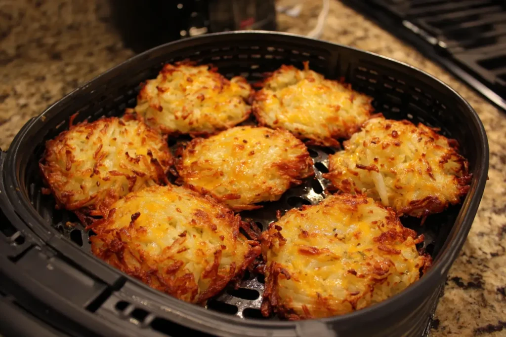 Round crispy cheesy hash brown patties in an air fryer basket with golden tops