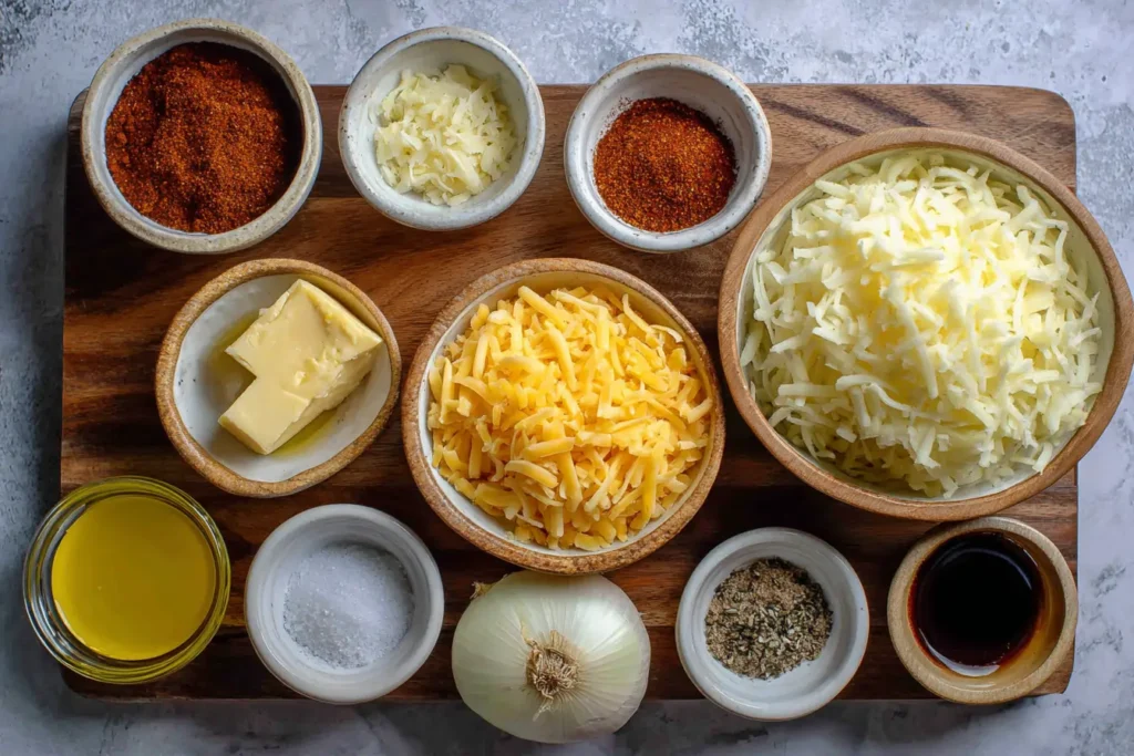 Overhead view of shredded potatoes, shredded cheese, oil, butter, and seasonings for crispy cheesy hash browns