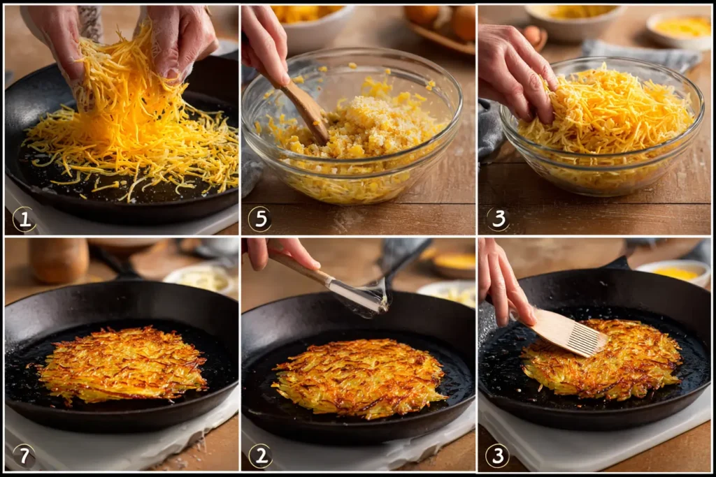 Six-panel collage showing step-by-step how to make crispy cheesy hash browns from shredding potatoes to serving