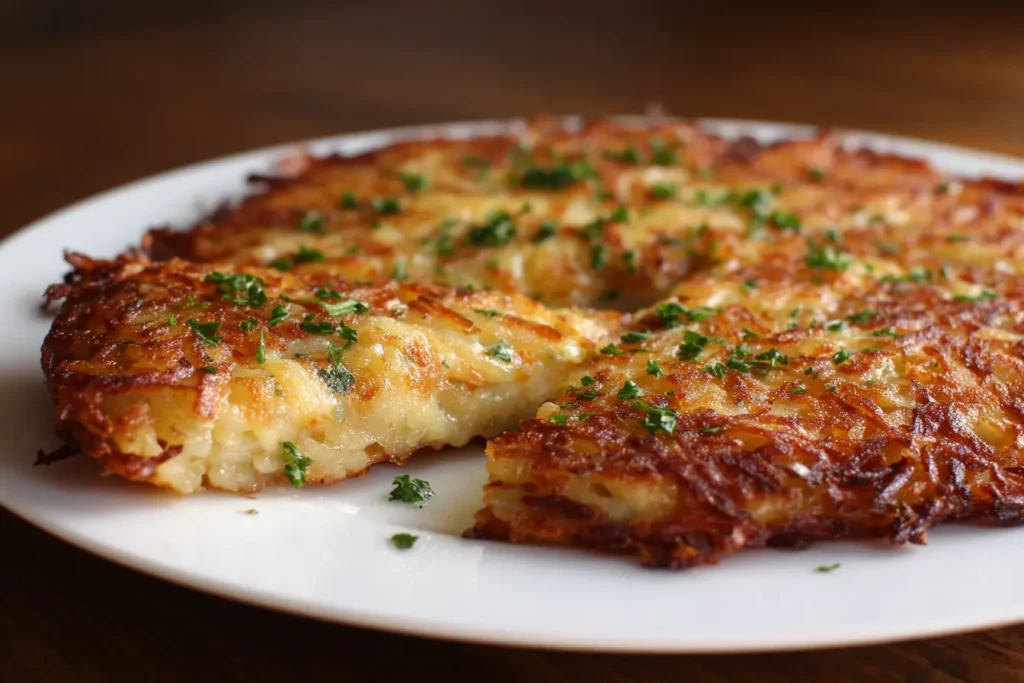 Crispy cheesy hash browns on a plate with golden edges and melted cheese