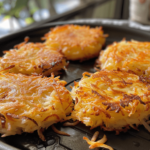 Crispy cheesy hash browns with golden edges in a skillet