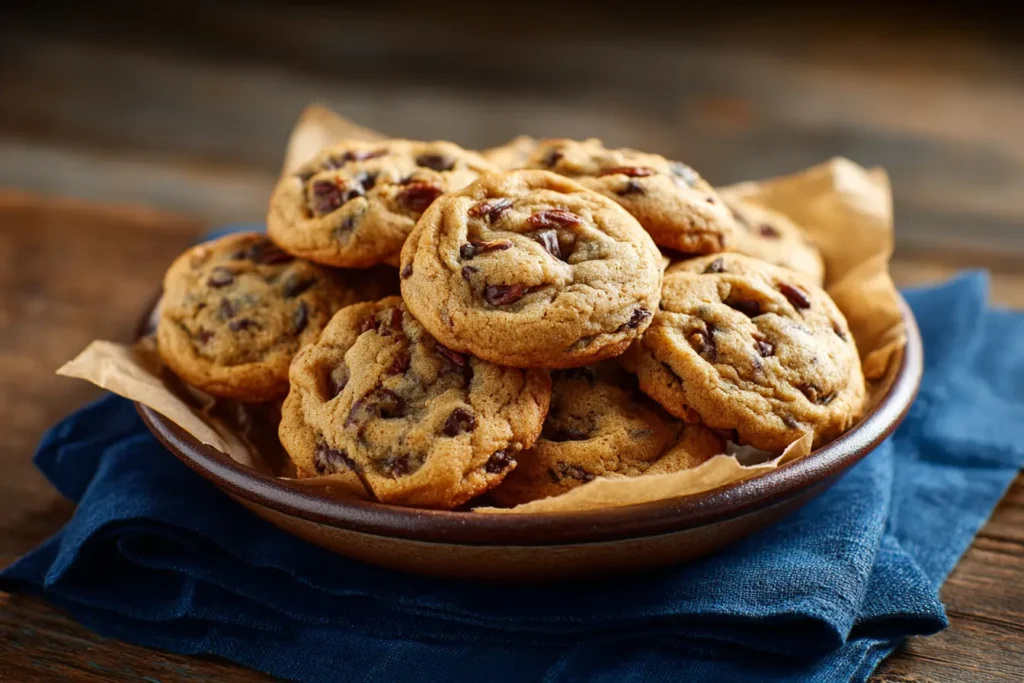 A cozy close-up of golden brown chocolate chip pecan cookies stacked in a ceramic bowl on a rustic wooden table.
