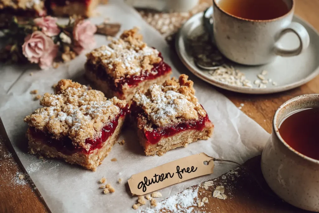 Ultra-realistic photo of gluten-free vegan jam crumb bars on parchment with a handwritten gluten-free tag