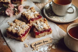 Ultra-realistic photo of gluten-free vegan jam crumb bars on parchment with a handwritten gluten-free tag