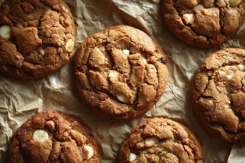 Homemade gooey Biscoff cookies with white chocolate chips on parchment paper, top-down view