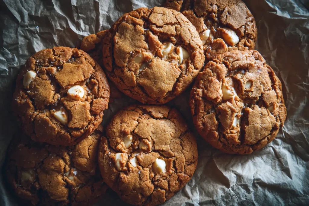 Homemade gooey Biscoff-stuffed cookies with white chocolate chips on parchment