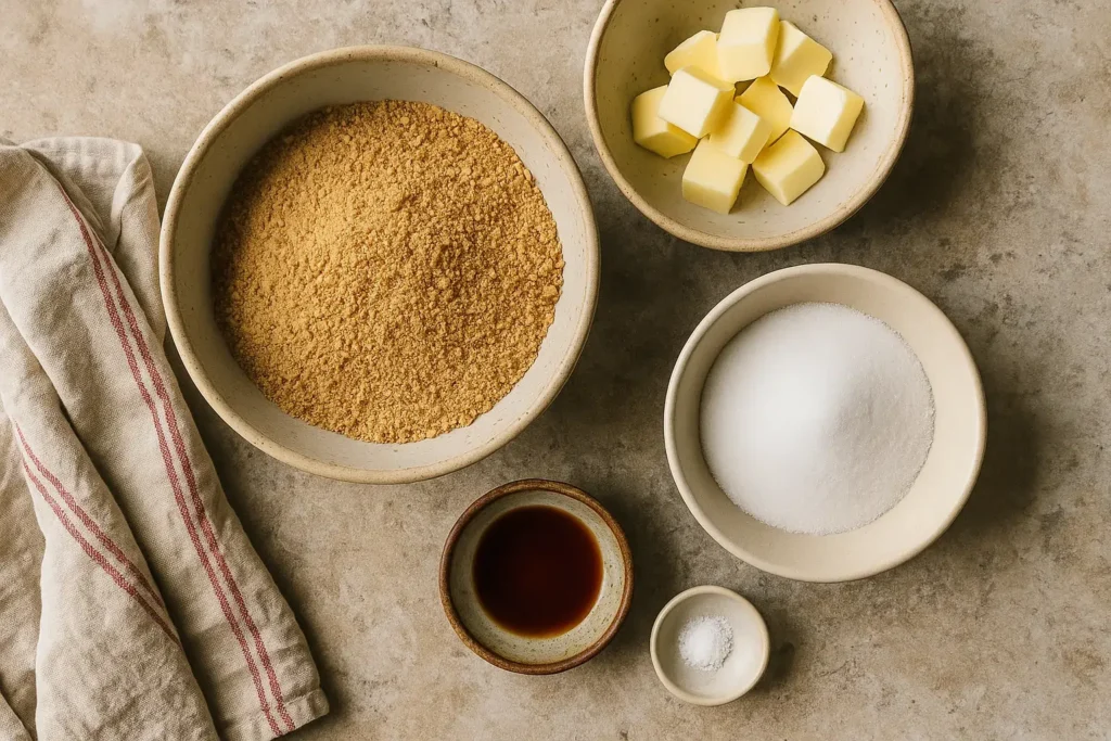 Crushed graham crackers, butter cubes, sugar, vanilla extract, and salt arranged in small mismatched bowls on a stone countertop with a kitchen towel