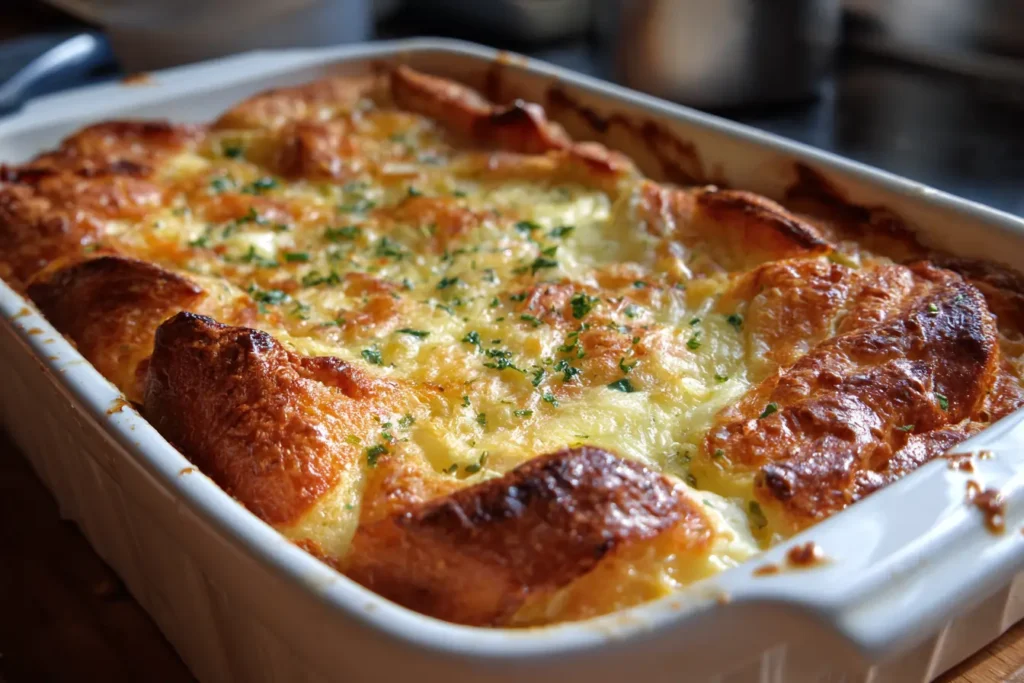 Overhead view of freshly baked ham and cheese croissant casserole in a white baking dish with a golden top and flaky croissant layers