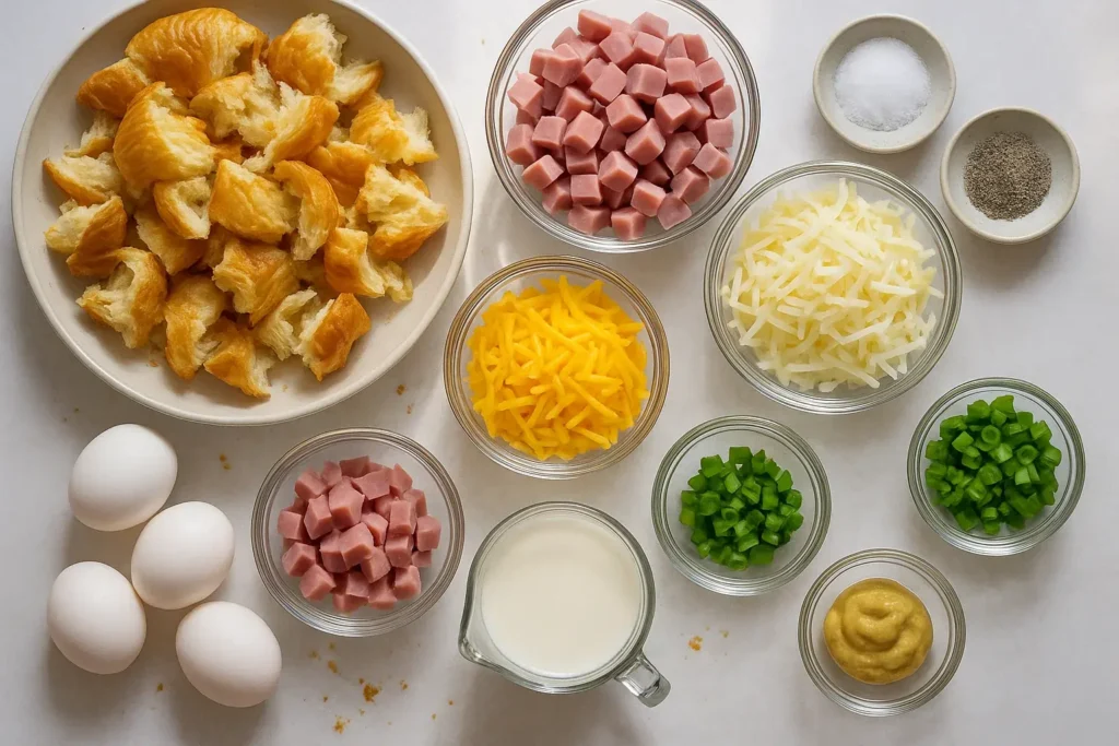 Overhead photo of ingredients for ham and cheese croissant casserole on a white countertop, including torn croissants, diced ham, cheeses, eggs, milk, and seasonings