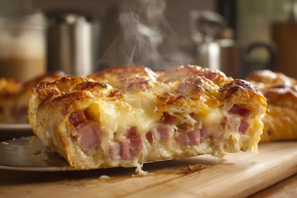 Square of ham and cheese croissant casserole lifted on a spatula, showing flaky croissants, ham, and melted cheese in a warm home kitchen