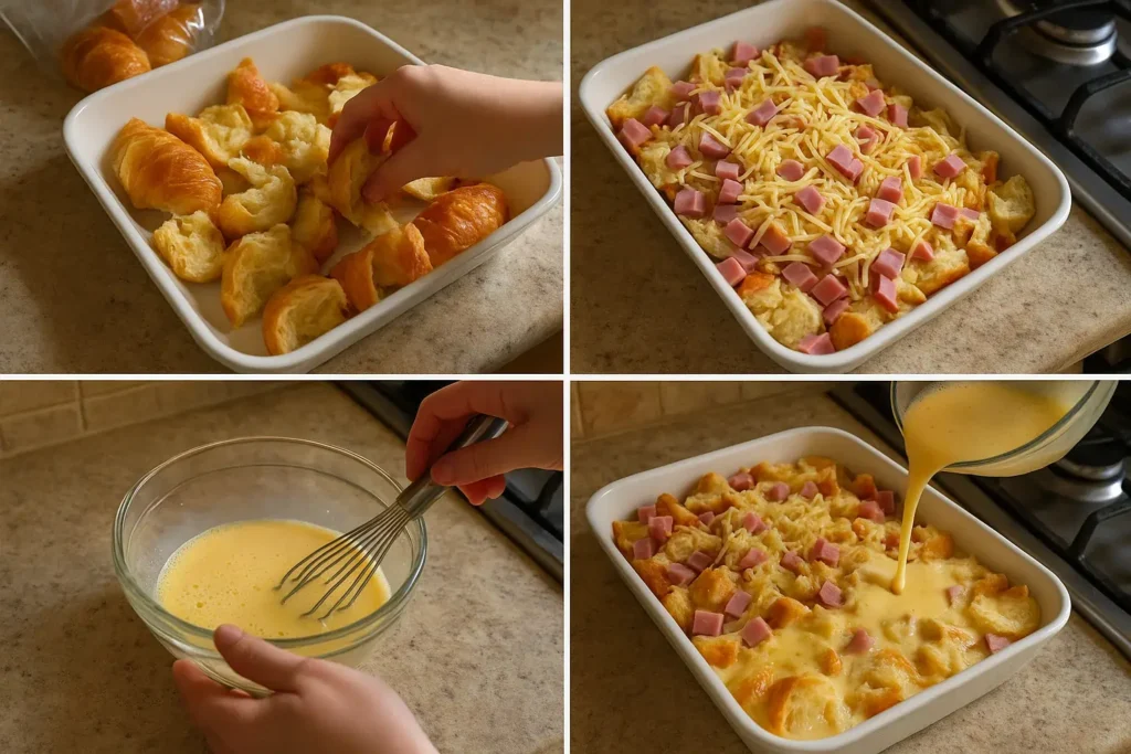 4-panel collage showing step-by-step process for ham and cheese croissant casserole: tearing croissants, adding ham and cheese, whisking eggs and milk, and pouring custard