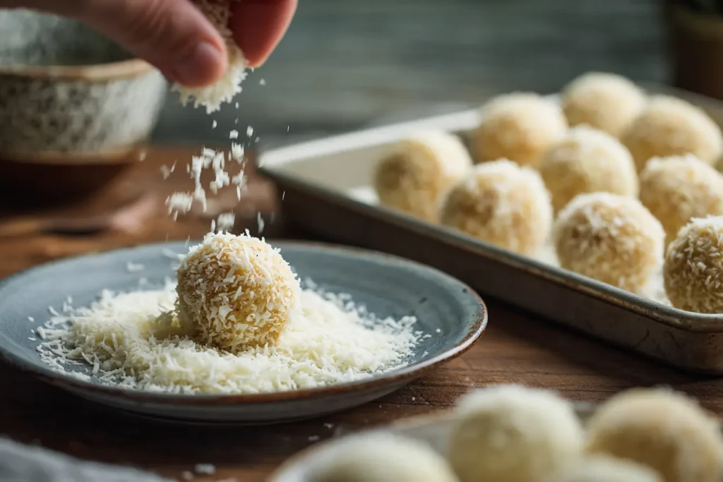 Amateur photo of no-bake coconut ball being rolled in shredded coconut with tray in background