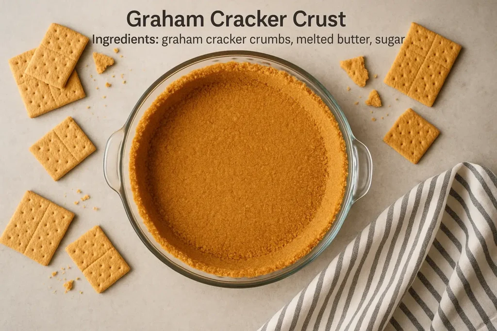 Top-down view of a golden homemade graham cracker crust in a glass dish on a gray counter with graham crackers and a striped tea towel nearby