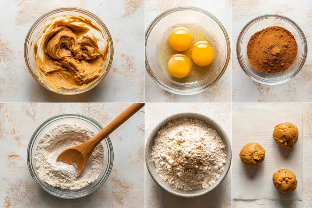 Collage showing steps to make gooey stuffed Biscoff cookies: creaming butter, adding eggs, mixing dry ingredients, shaping dough balls