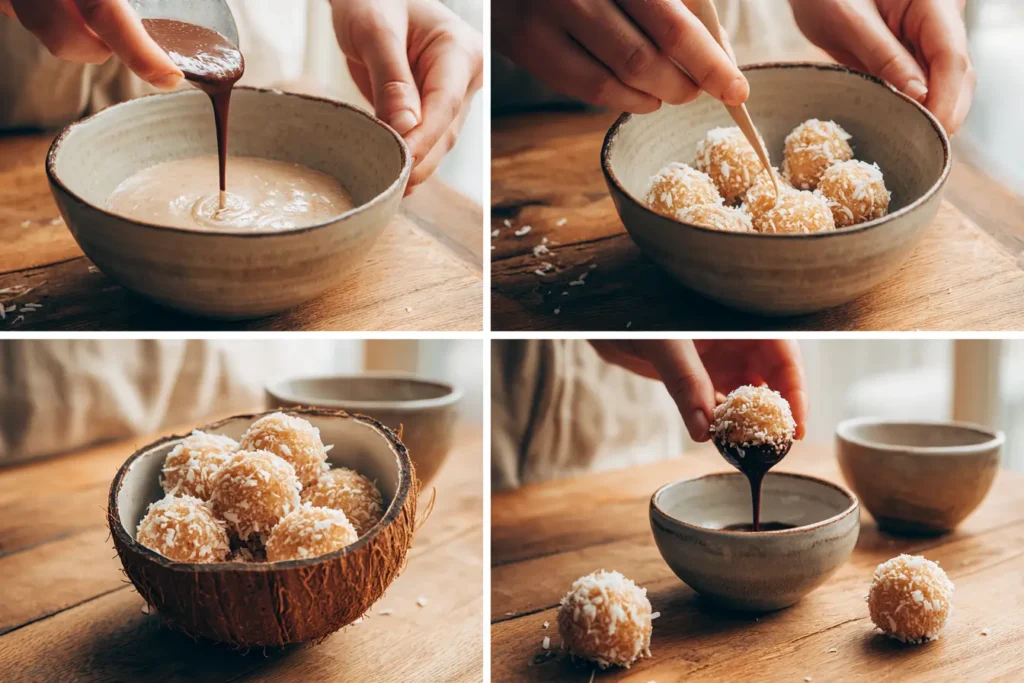 Step-by-step photo collage showing no-bake coconut balls being prepared and served