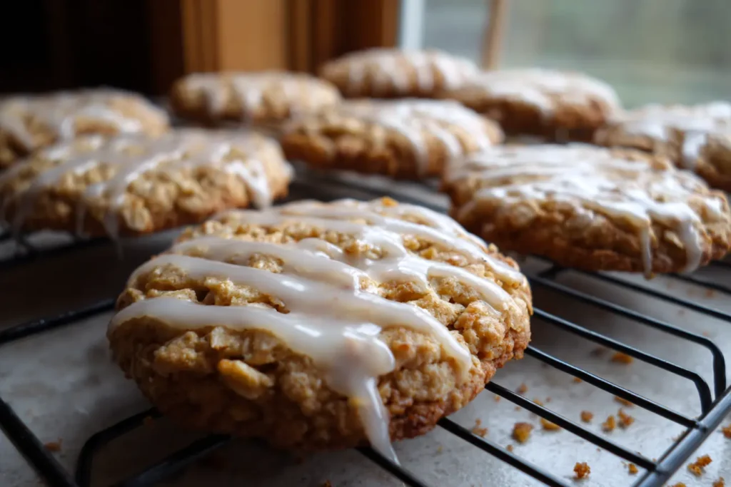 Fresh iced oatmeal cookies on a cooling rack with thick crackly vanilla glaze