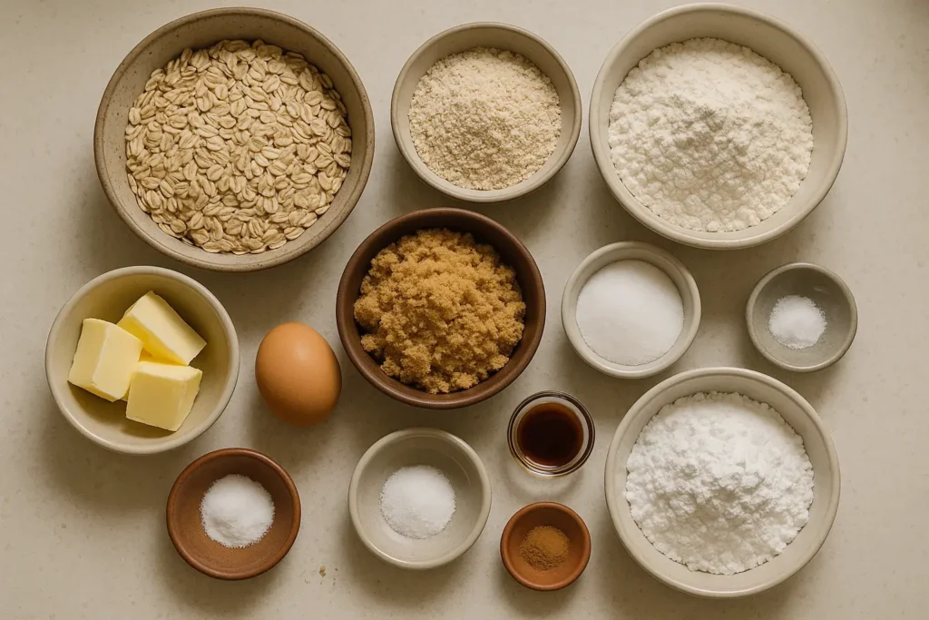 Overhead flat lay of ingredients for iced oatmeal cookies on a kitchen counter
