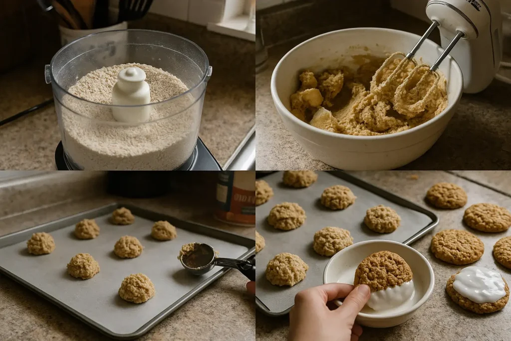 Four-panel collage showing pulsing oats, mixing dough, scooping cookies, and dipping iced oatmeal cookies
