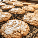 Overhead shot of iced oatmeal cookies with thick crackly vanilla icing