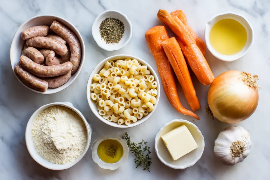 Flat-lay photo of labeled ingredients for creamy parmesan Italian sausage ditalini soup on a white marble background