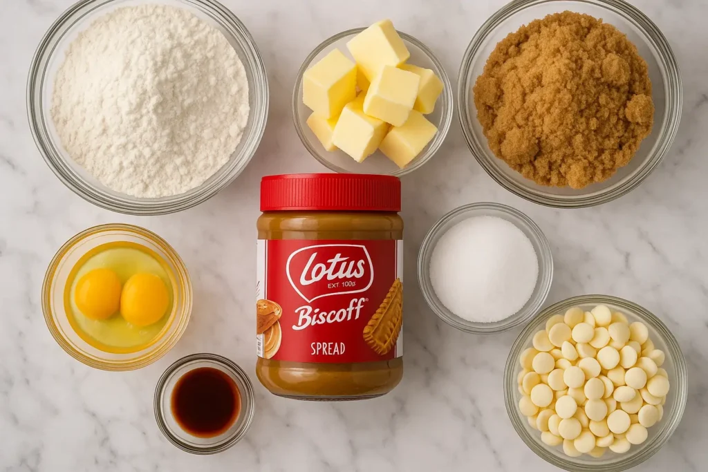 Top-down view of Biscoff cookie ingredients in glass bowls on marble counter