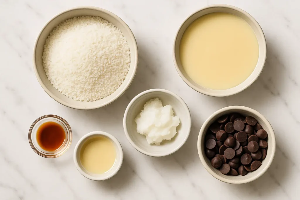 Top-down view of no-bake coconut balls ingredients on a marble surface