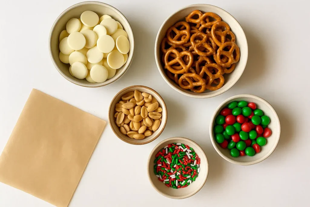 Flat lay of white chocolate, pretzels, peanuts, red and green M&Ms, and sprinkles in ceramic bowls on a white surface