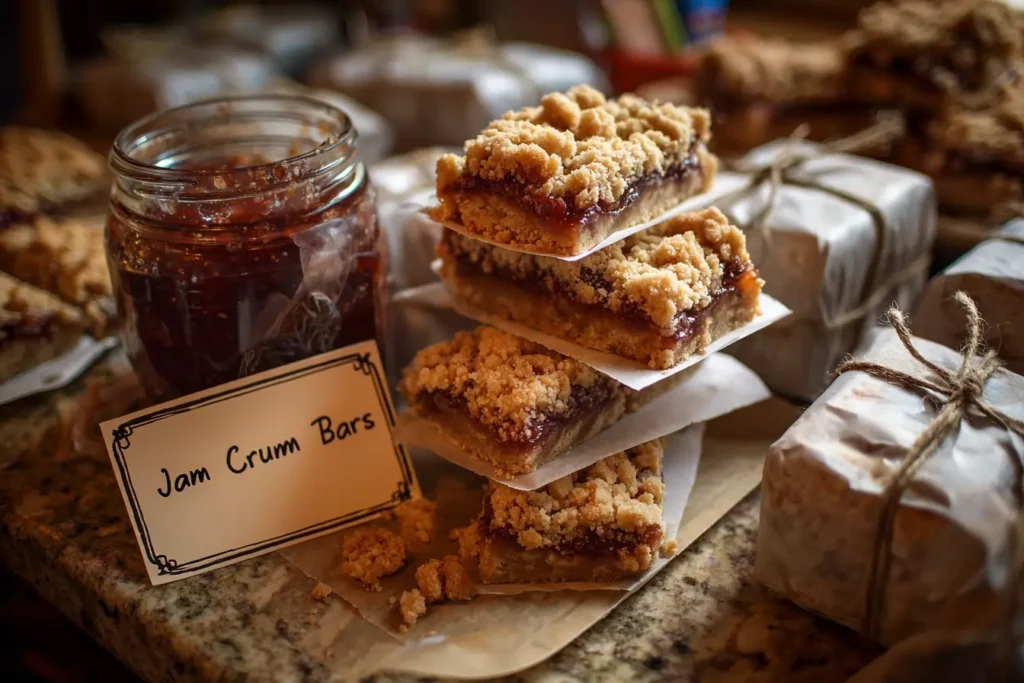 Individually wrapped jam crumb bars in a tin, some unwrapped showing thick jam and crumble, with a handwritten “Jam Crumb Bars” tag