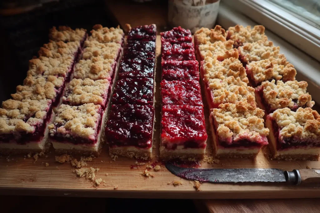 Overhead shot of three rows of jam crumb bars with raspberry, strawberry, and mixed berry jam on a wooden cutting board