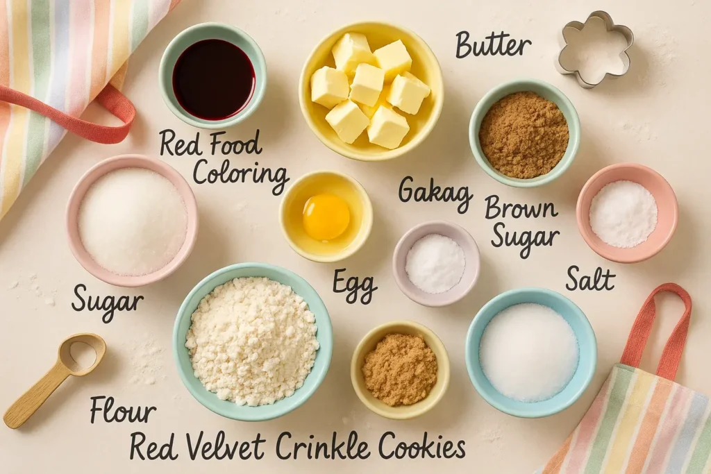 Flat lay of labeled baking ingredients in pastel bowls for red velvet crinkle cookies with props
