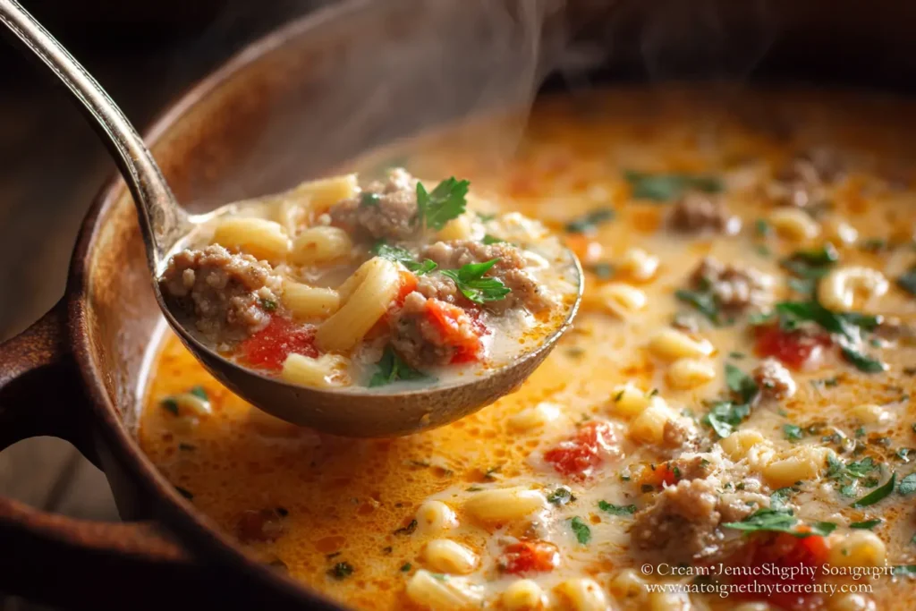 Ladle lifting creamy parmesan Italian sausage ditalini soup from Dutch oven with visible pasta, sausage, tomato, and steam