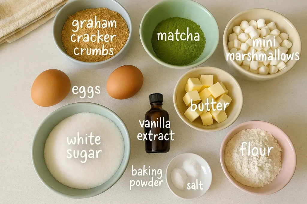 Top-down image of matcha s’mores brownie ingredients labeled in pastel bowls with handwritten text, including matcha, sugar, butter, eggs, marshmallows, and flour