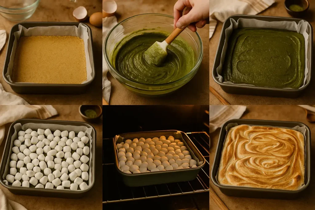 Six-step collage showing the matcha s’mores brownies recipe process: graham crust, mixing matcha batter, layering, marshmallow topping, baking, and golden toasted finish