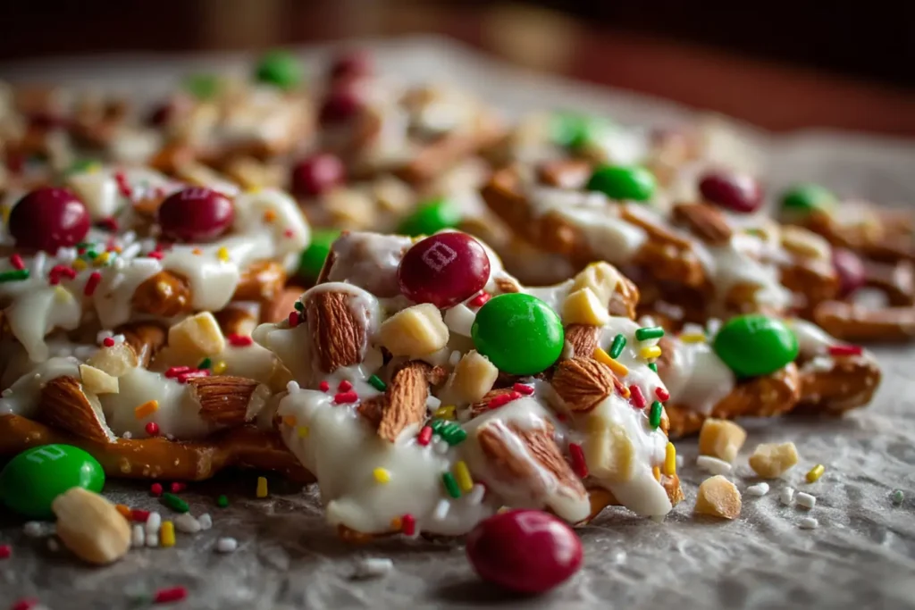 Homemade white chocolate pretzel clusters with red and green M&Ms and sprinkles on parchment paper