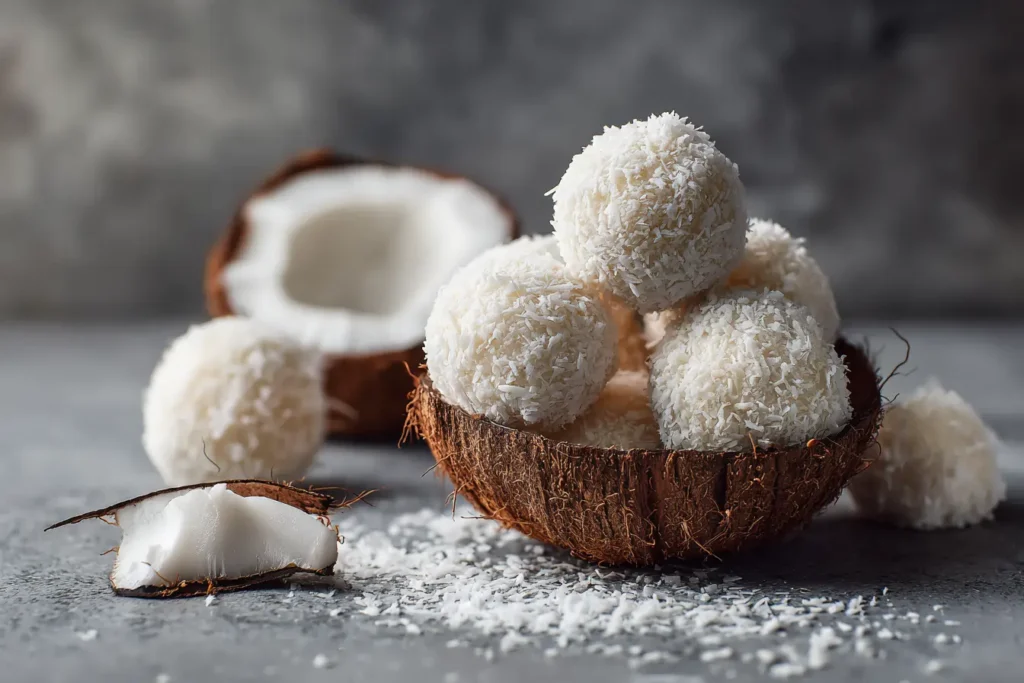 No-bake coconut balls arranged in a halved coconut shell on a stone background
