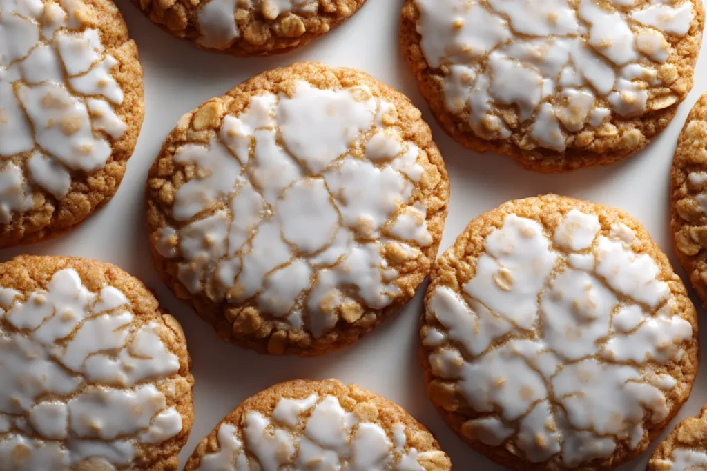 Overhead shot of classic iced oatmeal cookies with crackled white icing