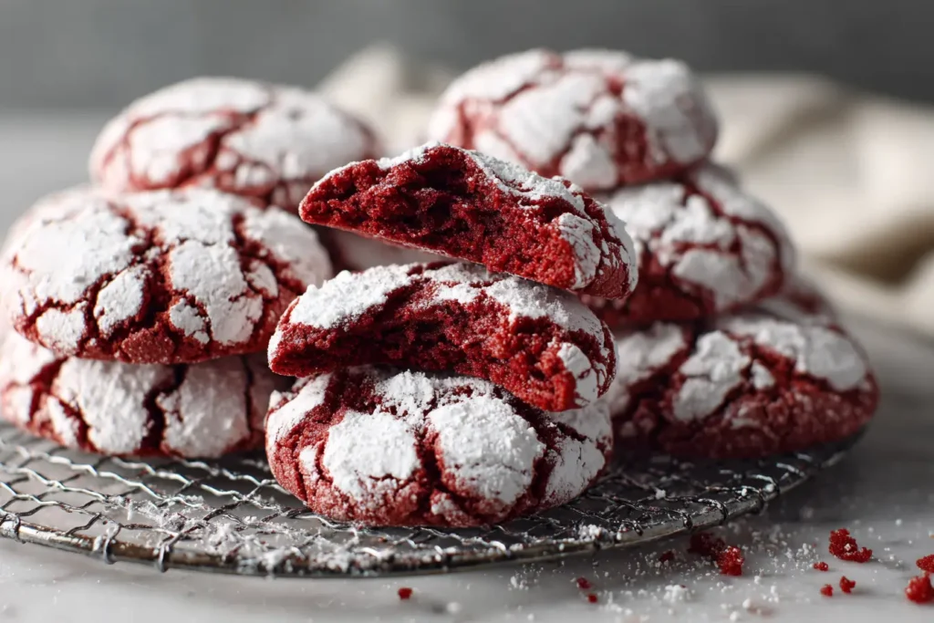Close-up of a red velvet crinkle cookie with powdered sugar in a festive Christmas setting