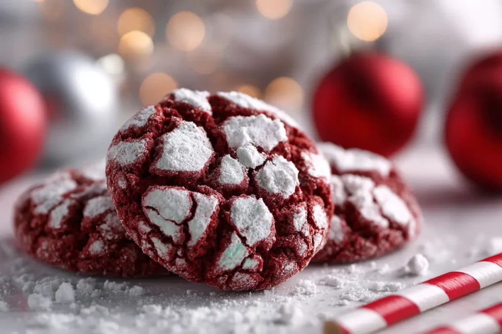 Macro shot of red velvet crinkle cookie with powdered sugar on white surface and festive ornaments