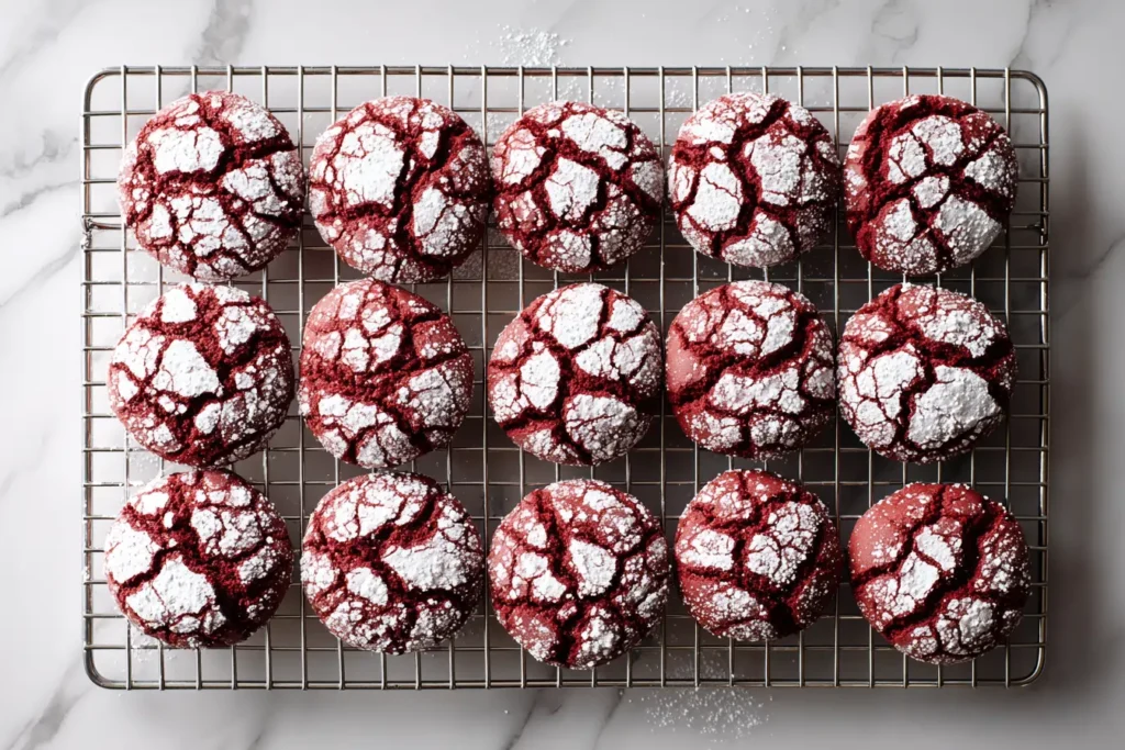 Close-up of red velvet crinkle cookies on a vintage wire rack, with powdered sugar and one cookie bitten