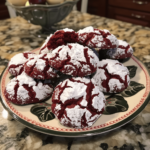 Homemade red velvet crinkle cookies dusted with powdered sugar on a festive tray