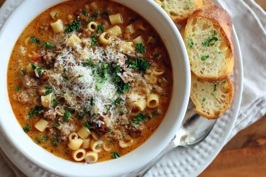 Top-down shot of creamy Italian sausage ditalini soup in a white bowl with parmesan and parsley, served with garlic bread on the side