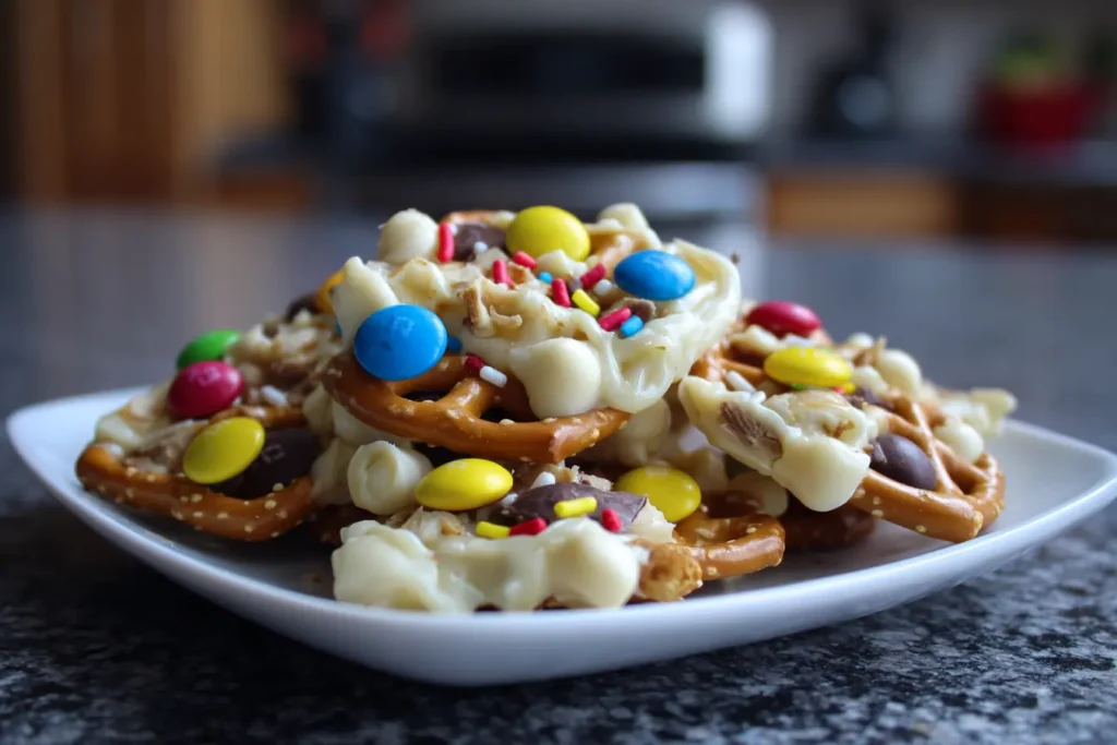 White chocolate pretzel clusters on a serving tray in a casual kitchen with natural lighting