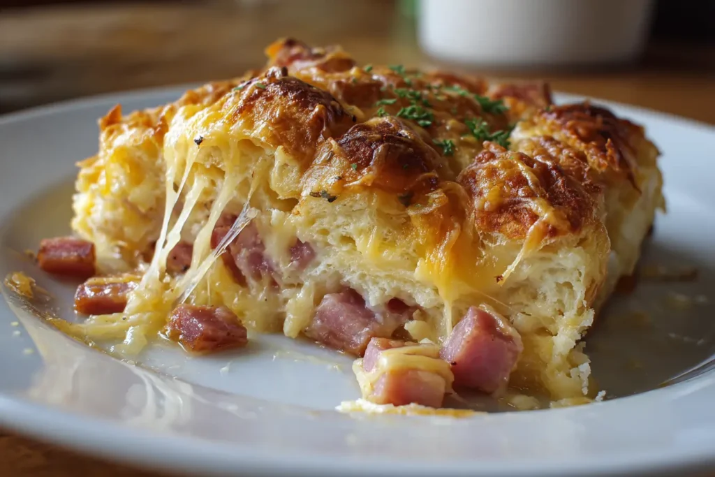 Close-up of a plated serving of ham and cheese croissant casserole with flaky croissants, melted cheese, and diced ham