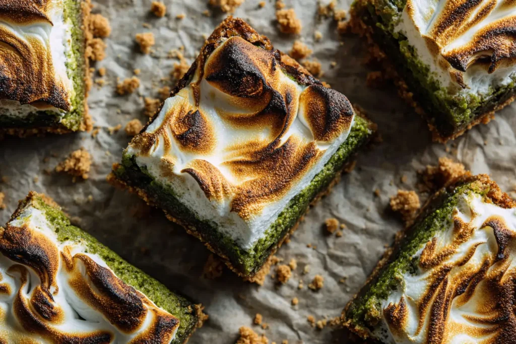 One slice of matcha s’mores brownie showing crispy graham base, green matcha center, and toasted marshmallow swirl on wrinkled parchment paper