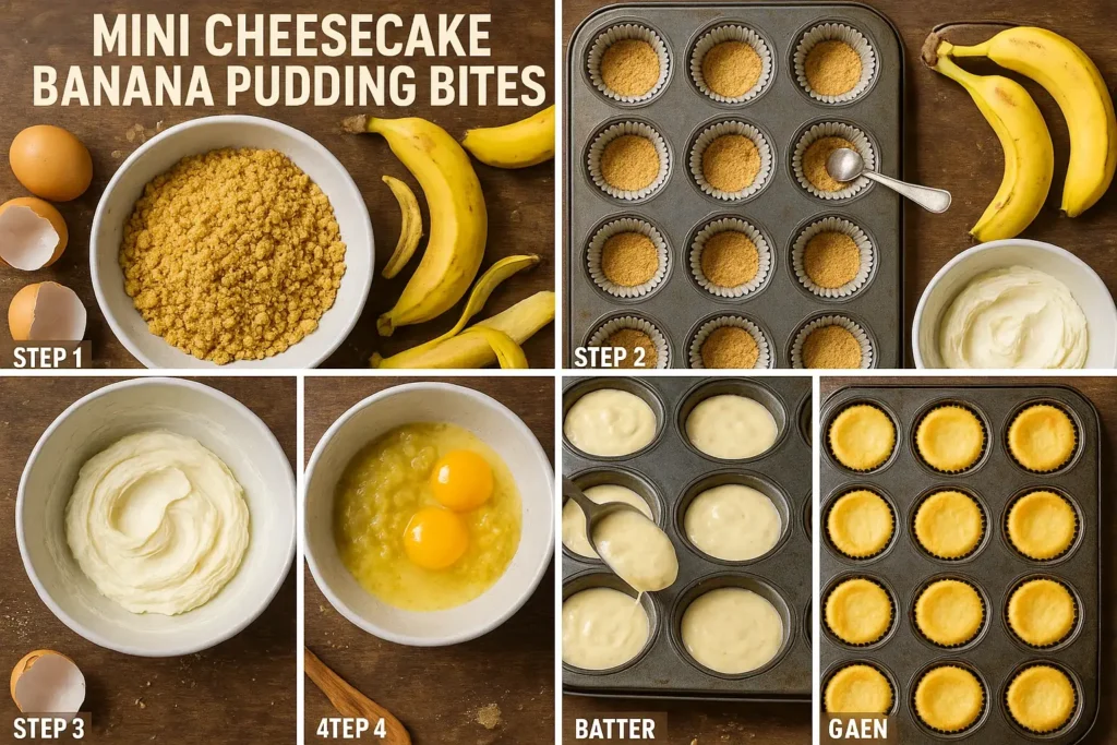 6-step visual guide showing how to make mini cheesecake banana pudding bites—from mixing crust to baking golden cheesecakes in muffin tins.